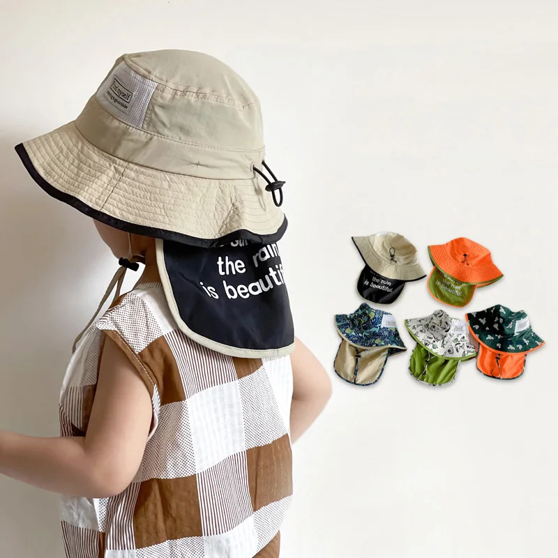 Summer Wide Brim Bucket Hat for Baby Cute Print Boy Girl Fisherman Cap Removable UV ProtectionKids Panama Sun Hats