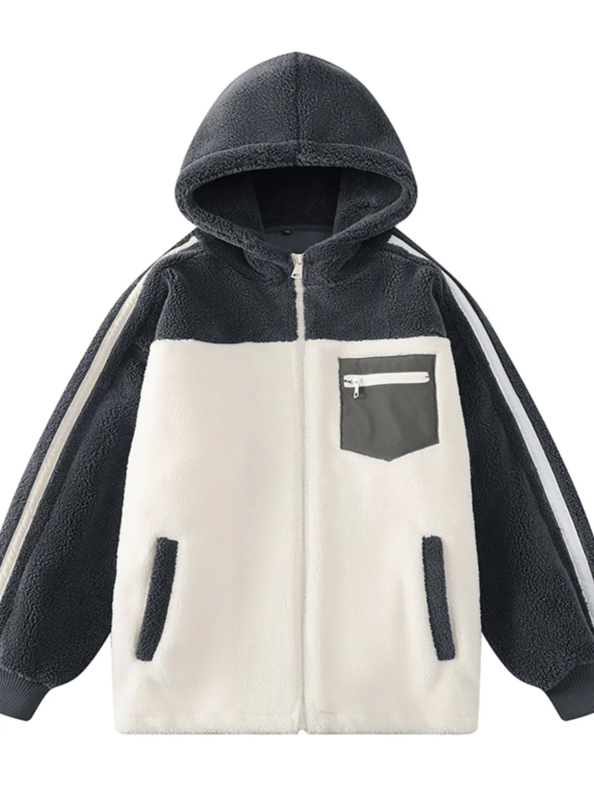 

Thickened Lamb Velvet Jacket for Men Casual Hooded Winter Coat Warmth Contrast Color Splicing American Style Couple Clothes