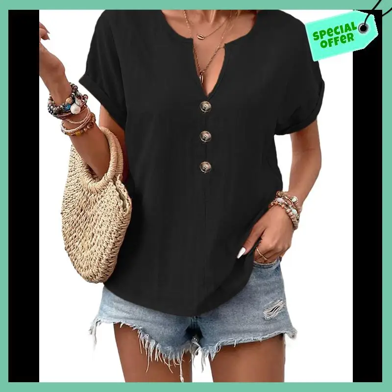 

Sturdy Womens Casual Button Down Notched V Neck Blouses Tops Loose Short Sleeve Solid Fall Shirts For Women