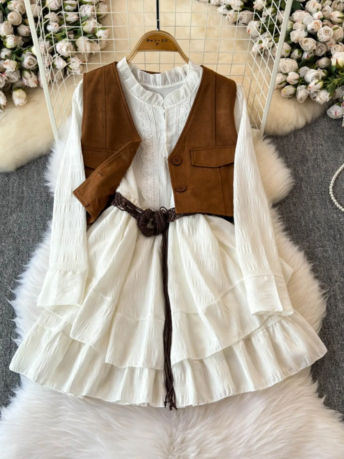 

Ele Long Sve Dr Set Women's Faion 2024 Autumn New Design Anti-Aging Small Size Vest Two-Piece Set round Ne Button