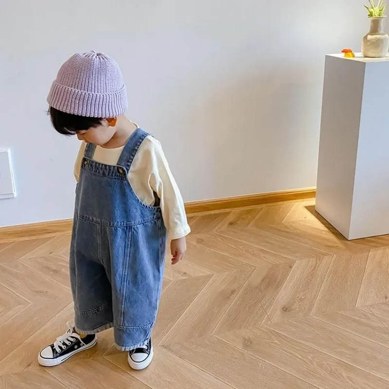 Autumn New Children Loose Overalls boys girls casual all-match denim Trousers Spring Fall Solid Outwear 1-7Y Kids bib pants