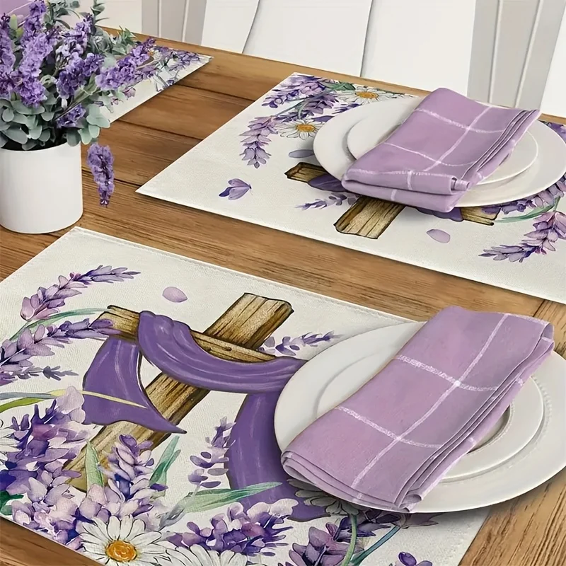4pcs Easter religious cross flower placemats, spring and summer lavender and daisy floral faith table decoration