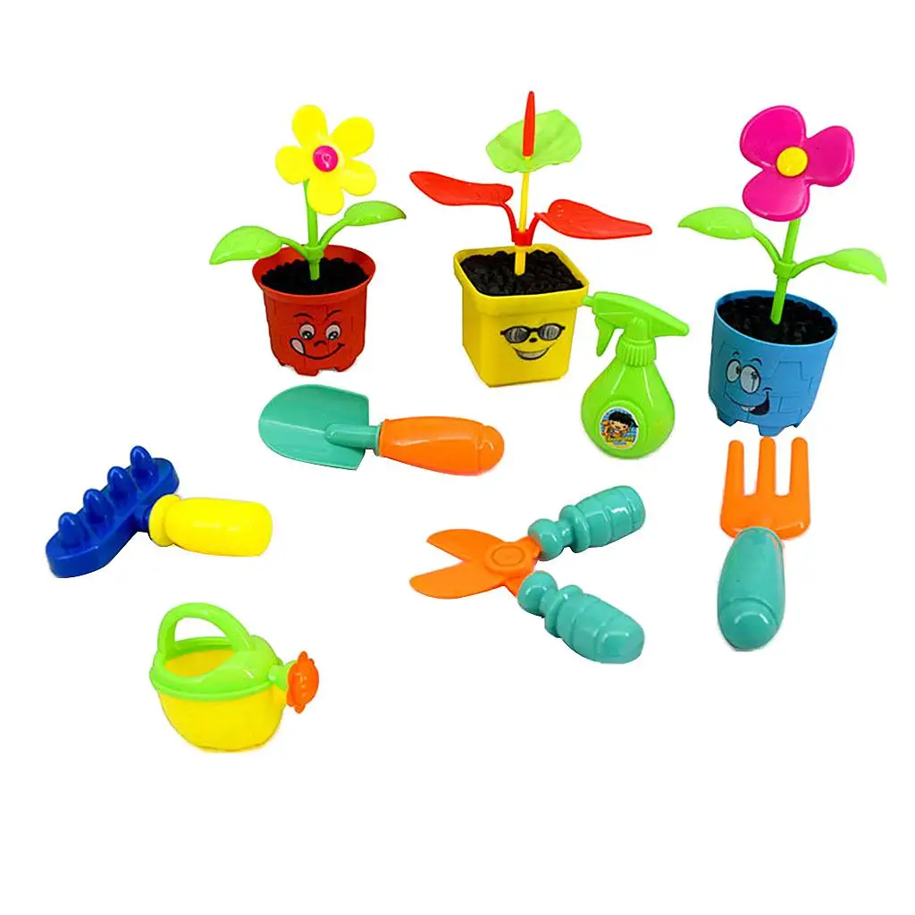 Set peralatan berkebun anak-anak, alat berkebun dan pot, 9 buah/Set