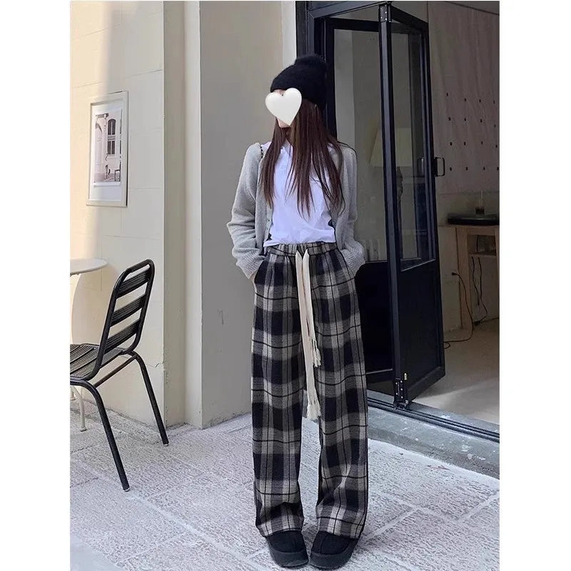 Fashion drawstring black and white checkered casual pants 2025 new high waisted loose Hanging sensation wide leg pants