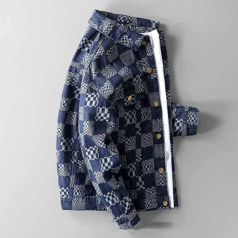 İlkbahar ve sonbahar yeni erkek gevşek Chessboard ekose rahat ceket moda kişilik jakarlı Denim ceket