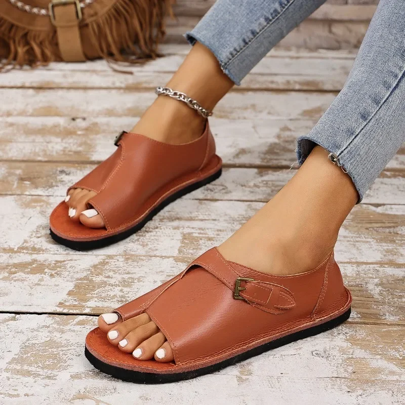 

2025 Summer Women's Large Size Solid Color Sandals Flat Heel Wrap Open Toes Women Sandalias Outdoor Leisure Zapatillas De Mujer