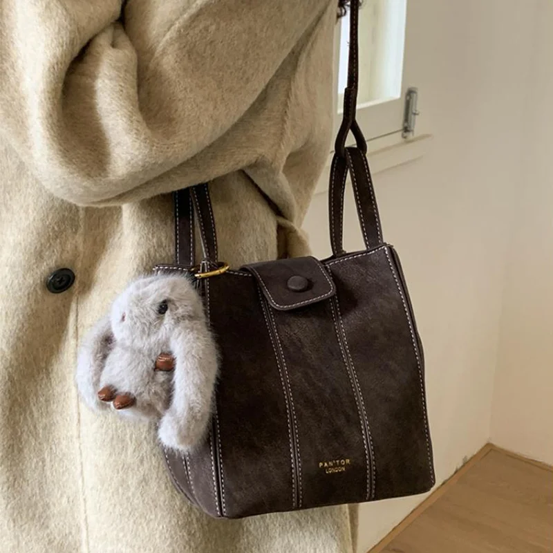 

Women's Vintage Frosted Bucket Bag Large Capacity Multi-compartment Shoulder Bag Designer Luxury High-quality Handbag Small Tote