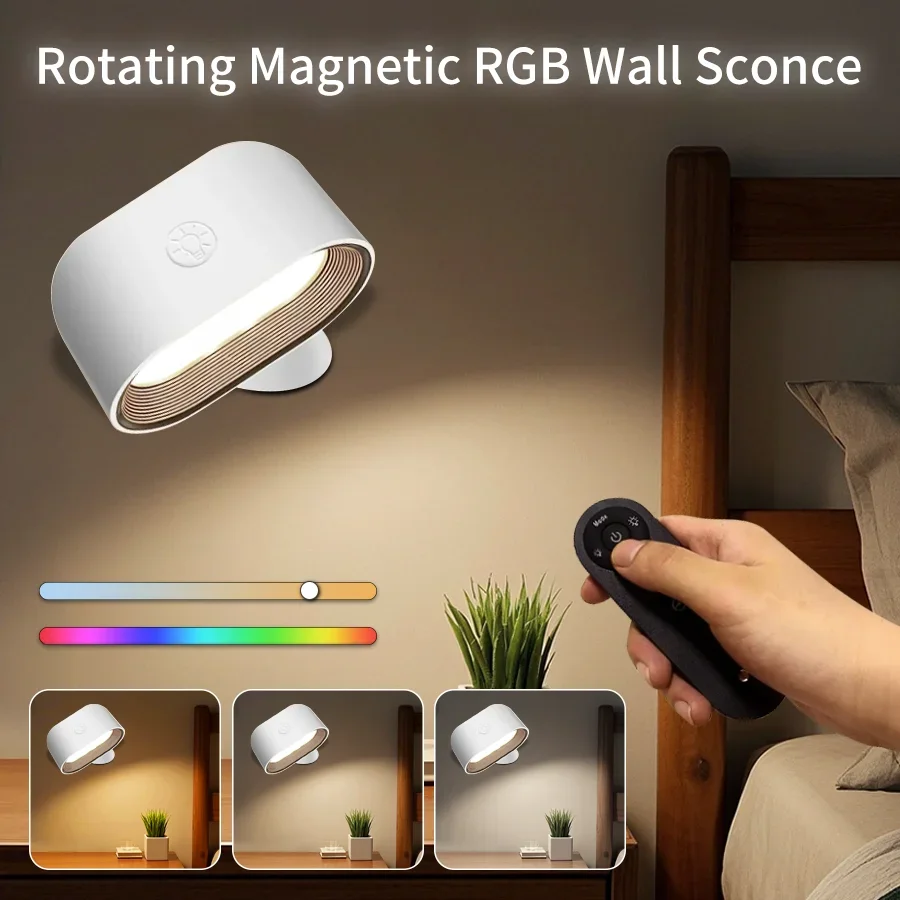 

Remote Control Magnetic RGB Wall Lamp - 9 Colors, Touch Night Light, 360° Rotation, USB Rechargeable, Bedroom Bedside Lamps