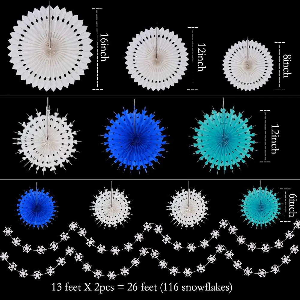 クリスマスパーティーの装飾紙ファン、雪片青と白の雪片、冬の素晴らしいランド、誕生日パーティーの壁の装飾、冷凍、12個