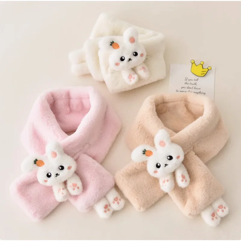 Boys Girls Winter Scarfs Thick Plush  Children's Scarf Baby Bib Cute Cartoon Rabbit Faux Fur Neck Protection Warm