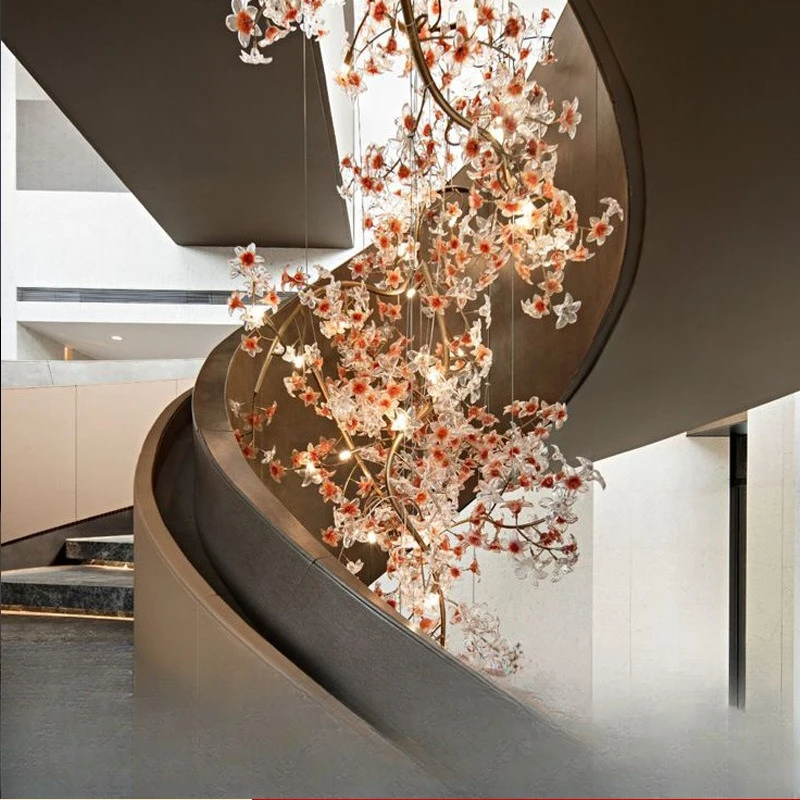 

Staircase long chandelier villa rotating loft apartment elevated living room staircase light duplex mid-floor staircase light