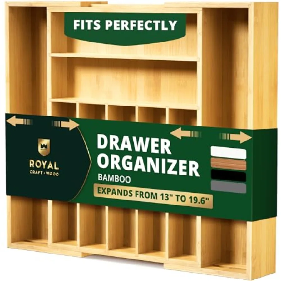 

Luxury Bamboo Kitchen Drawer Organizer - Silverware Organizer Utensil Holder and Cutlery Tray Drawer Dividers for Flatware
