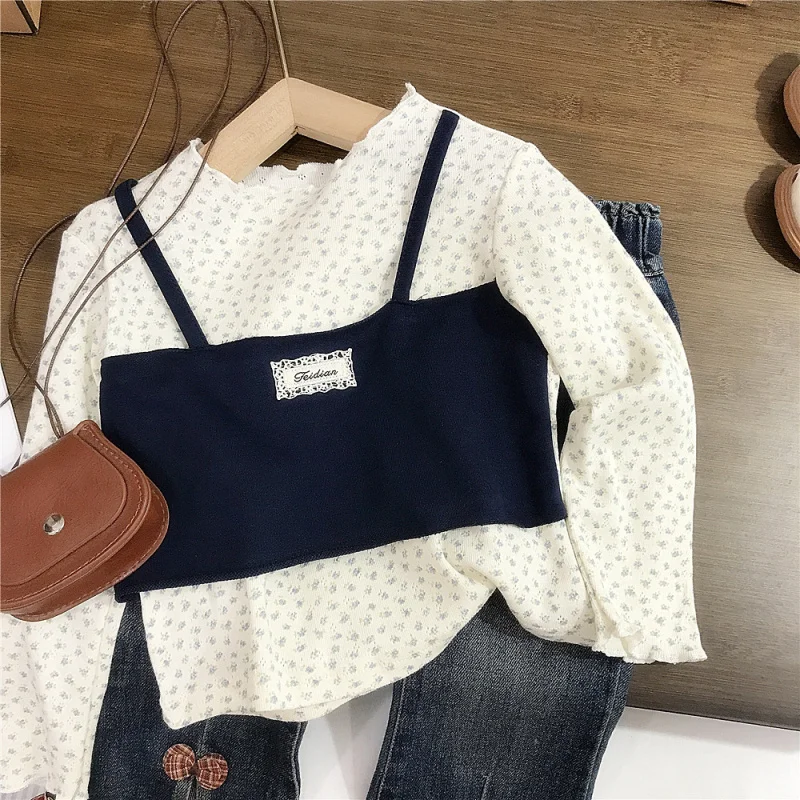 

Korean Children's Clothing New Autumn Fashion Floral Fake Two-Piece Top Wide-Leg Pants Girl Sweet Cool Set