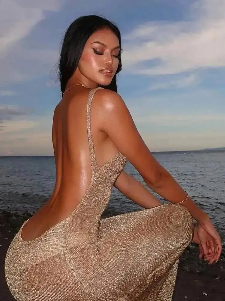 See Through Dress Female 2025 Summer Thin Sleeveless Glitter Splits Coquette Backless Clubwear Beach Sexy Vestidos KRQ8