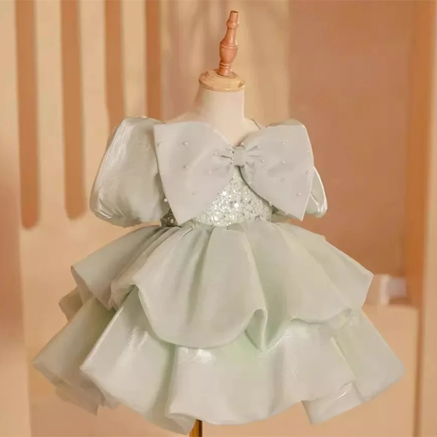 

Customized Flower Girl Dress For Wedding Bowknot Glitter Pearls Short Sleeve Elegant Kids Birthday Party First Communion Gown