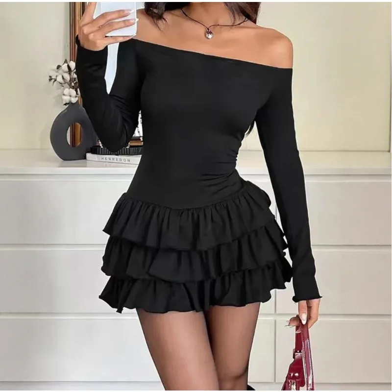 

Elegant Party Bodycon Dresses Women 2025 Fall Slim Fit Cascading Ruffles Mini Dress Flare Sleeve High Waist Sexy Short Skirts