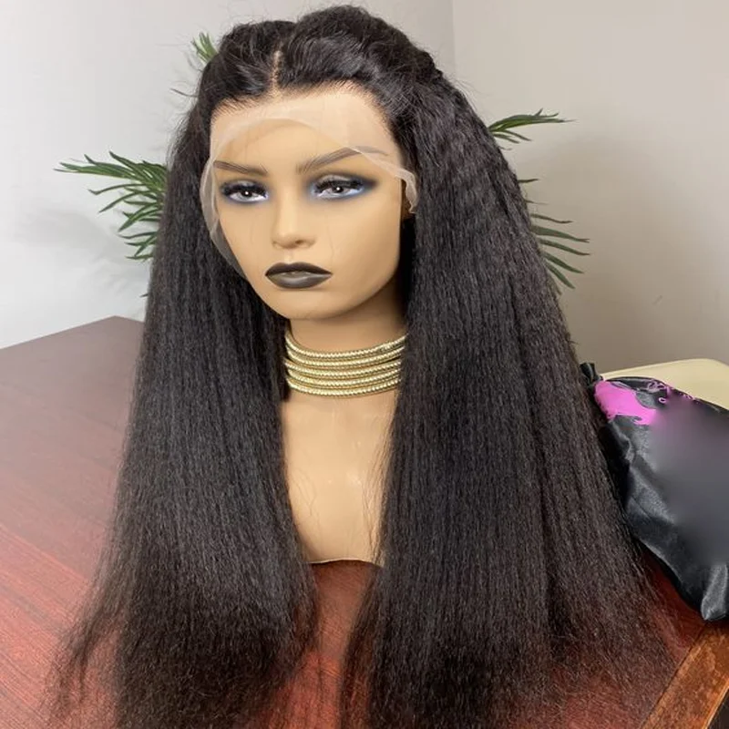 Wig Yaki panjang lembut alami hitam 30 inci renda lurus keriting Wig depan untuk wanita dengan bulu sintetis bayi tanpa lem sintetis harian