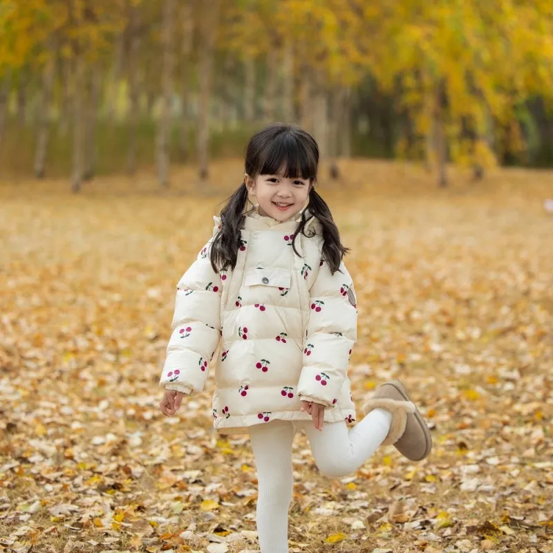 Girls Coat Jacket Cotton Windproof Outwear 2023 Cherry Warm Thicken Velvet Winter Skiwear Children\'s Clothing