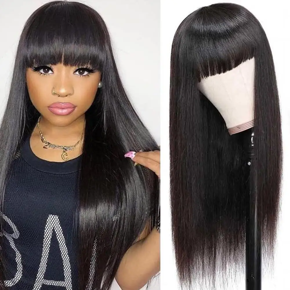

200 Density Straight Glueless Human Hair Wigs For Women Ready To Wear No Leave Out Full Machine Made Wig With Bangs Remy Hair