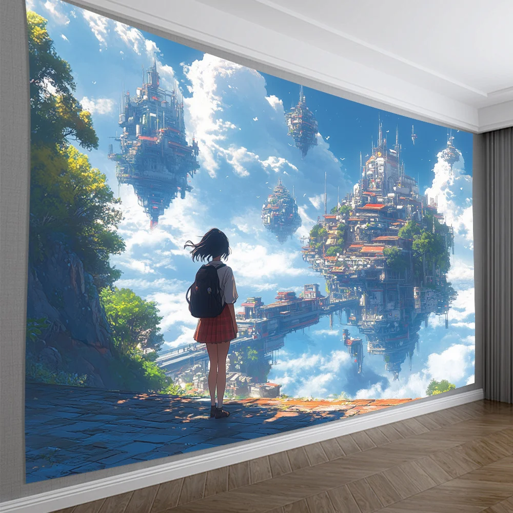 Sky Castle Tapestry, Floating Islands and Fantasy City in Clouds, Anime Style Wall Hanging for Bedroom Living Room
