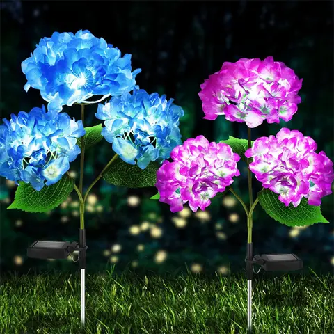 Luci solari a forma di fiore di ortensia per la decorazione del cortile esterno, luci di fiori di simulazione a LED, luci solari da prato per l'arredamento del giardino