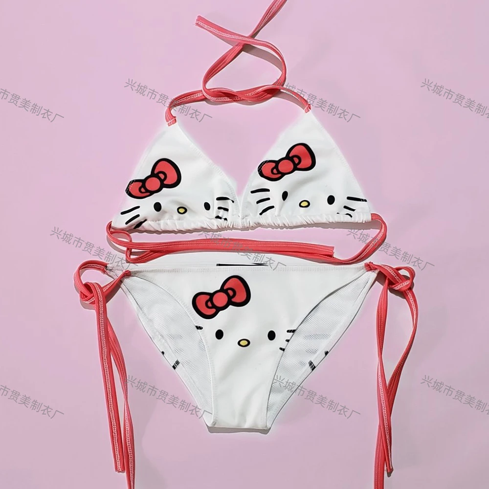 Anime Cinnamoroll My Melody Bikini Swimsuit Sanrioed Kawaii Kuromi Bra Women Dopamine Sexy Hot Girl Hanging Neck Lace Up Cartoon