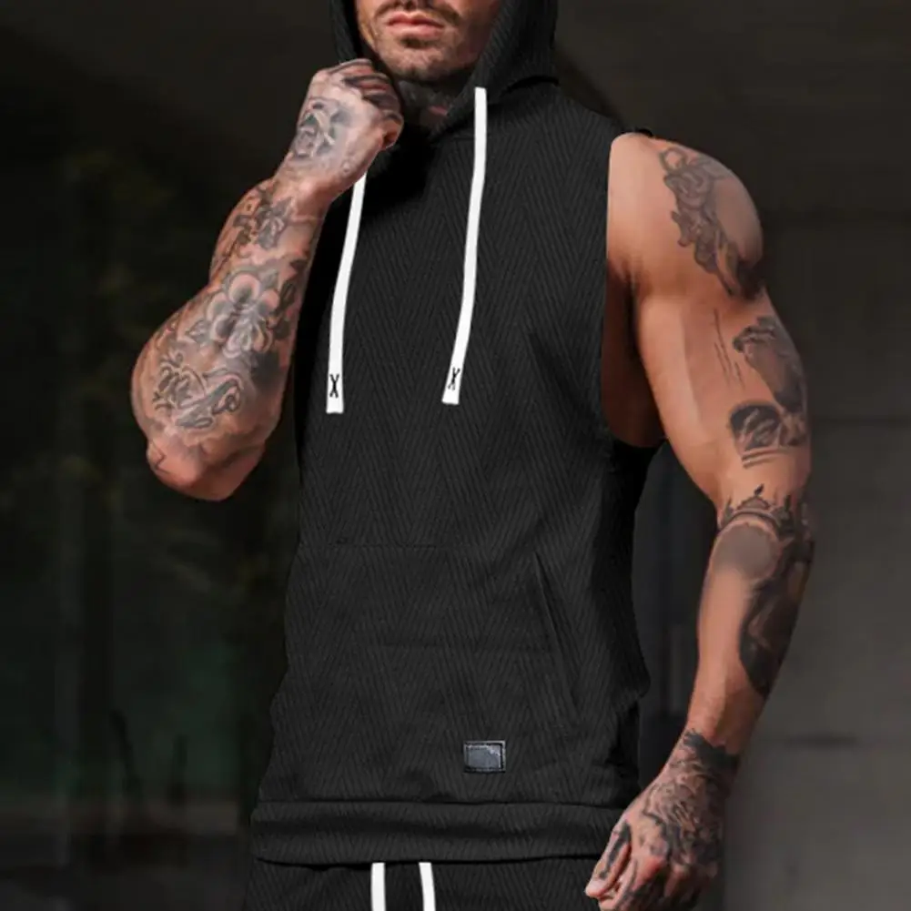 Men Hooded Vest Men's Jacquard Knitted Hooded Vest with Front Pocket Sleeveless Fitness T-shirt Casual Sports Style with Large