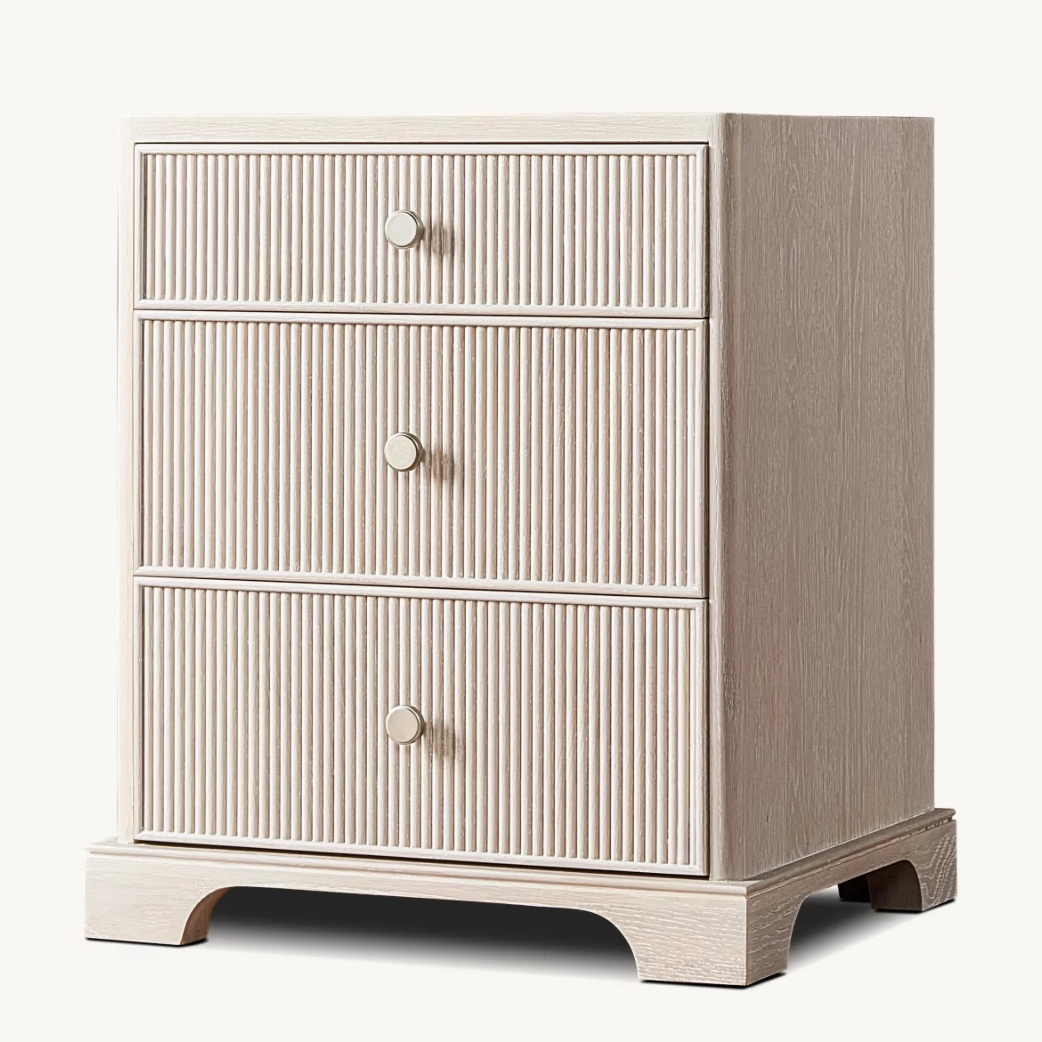 ^RH GENEVIEVE OAK REEDED NIGHTSTAND Light Panel Bedside Table Gold Handles Modern Reeded Detailing for Apartment Bedroom Drawer