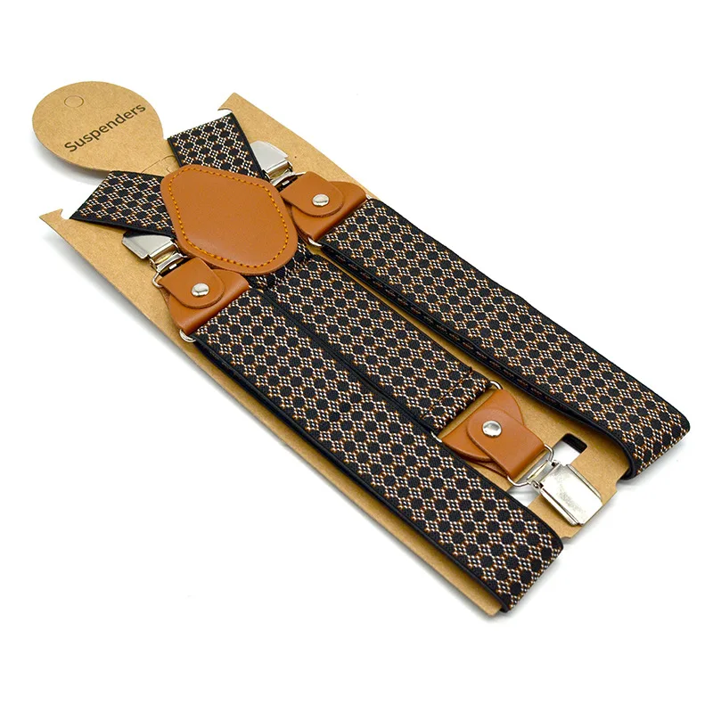 3.5cm 3 Clips Adult Suspenders  Y-Type British Retro Men's Checkered Elastic braces  Clips Adjustable Wedding Party Accessories