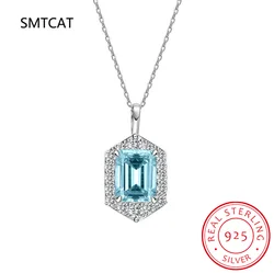 Emerald Cut Natural Sky Blue Topaz 925 Sterling Silver Pendant Necklace for Women Fine Jewelry Gemstone Choker