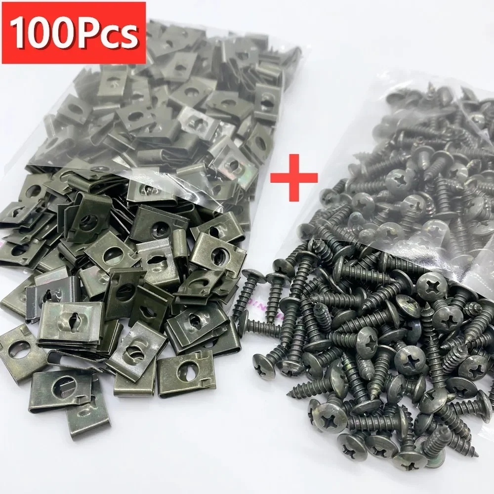 100pcs/20pc Mixed Car Metal Screw Tapping Fastener Clip U-Type Clip with Screw Anti-rust Protection Clip Screw Buckle Iron Sheet