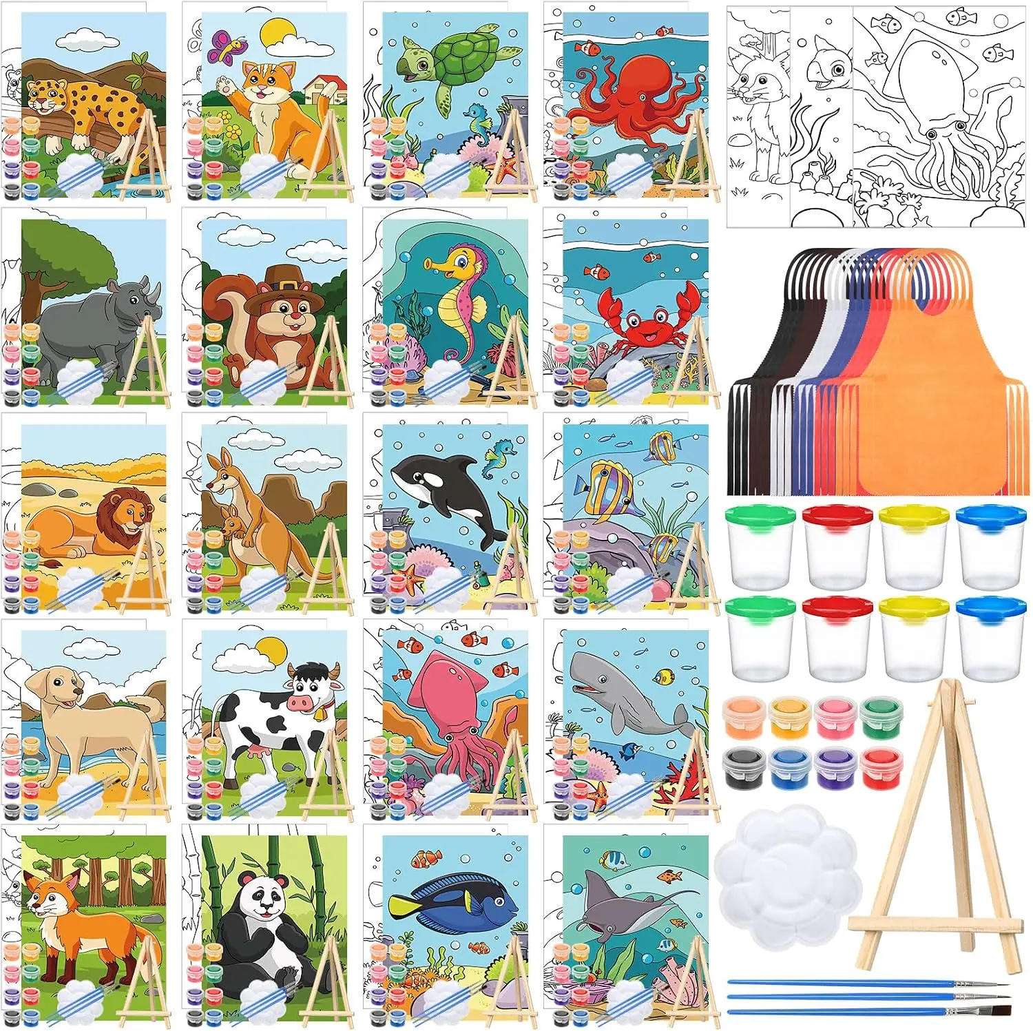 140 Pcs 20 Set Pre Drawn Canvas Kit for Painting Craft Sip and Paint Kit for Adults Pre Printed Canvas Painting Favor for Virtual DIY Birthday Gifts Adult's Date Party(Animal)