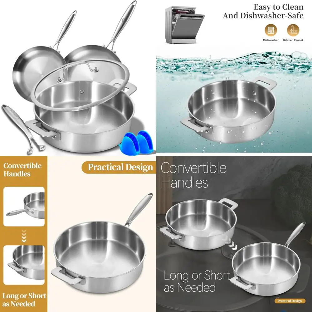 

Tri-Ply Stainless Steel Frying Pans Set, 8.5-10 Inch and 12 Inch Sauté Pan with Lid, Induction Compatible, Multipurpose Cookware