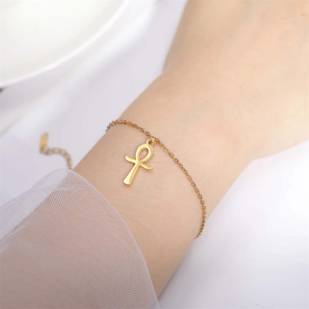 Cazador Stainless Steel Egyptian Cross Charm Egypt Ankh Life Chain Bracelet for Women Bracelets on Hand Jewelry Gift Wholesale