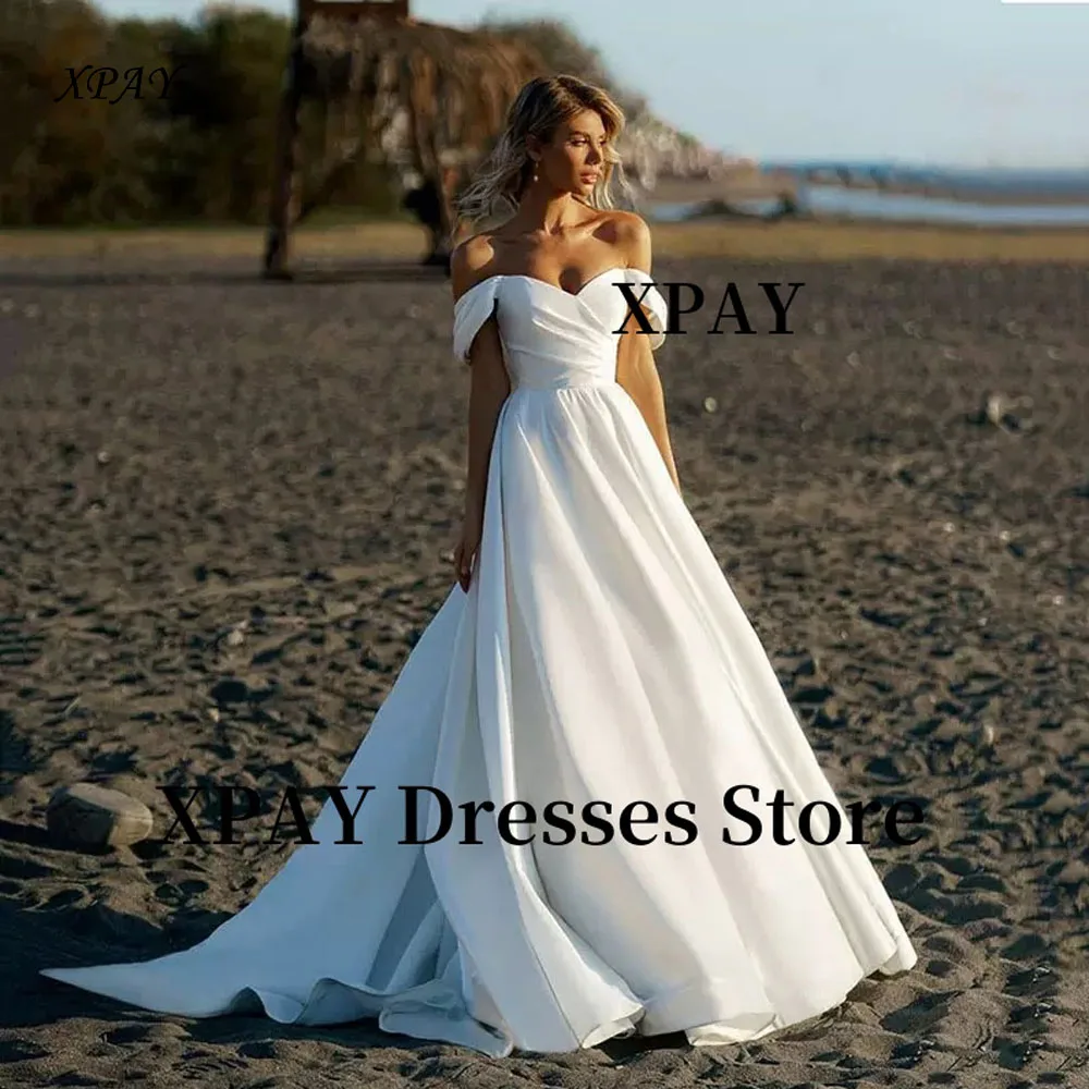 

XPAY Sexy Off Shoulder A Line Wedding Dresses Vestidos de noiva Sweetheart Silk Satin Sweep Train bridal Gowns Customized