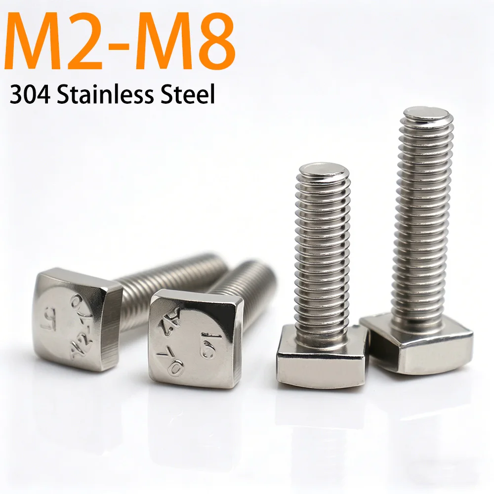 2-20pcs 304 Stainless Steel Square Head Bolt Four Corner Square Screw Grade C Steel Structure Threaded Rod M4 M5 M6 M8 M10 M12