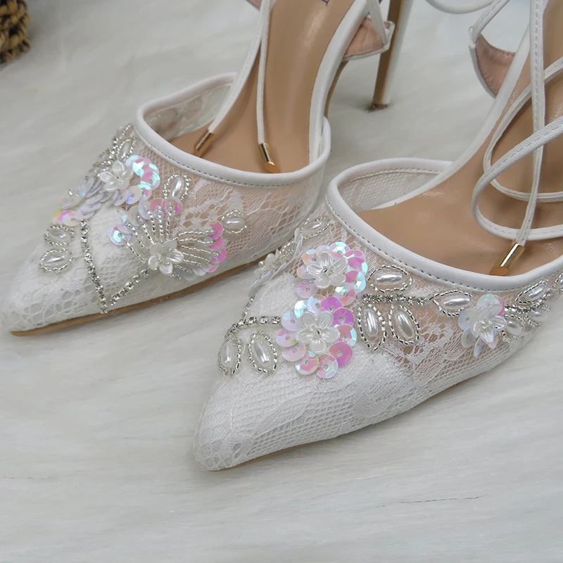 Bling Bridal Shoes Fashion Sandals Woman Thin Heel Pearl Crystal Party Dress Shoes Woman High Pumps Ankle strap Pointed To Highe