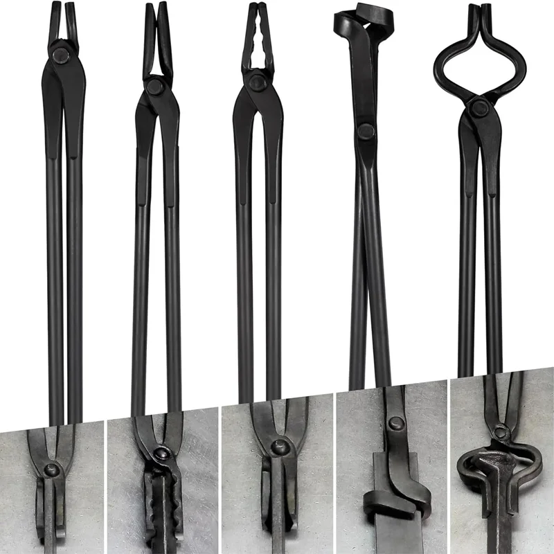 Blacksmith Tongs Knife Making Tongs Set V-Bit Blade Tongs, Flat Tongs, Blade Tongs, Square Jaw Tongs, Wolf Jaw Tongs (5PCS)