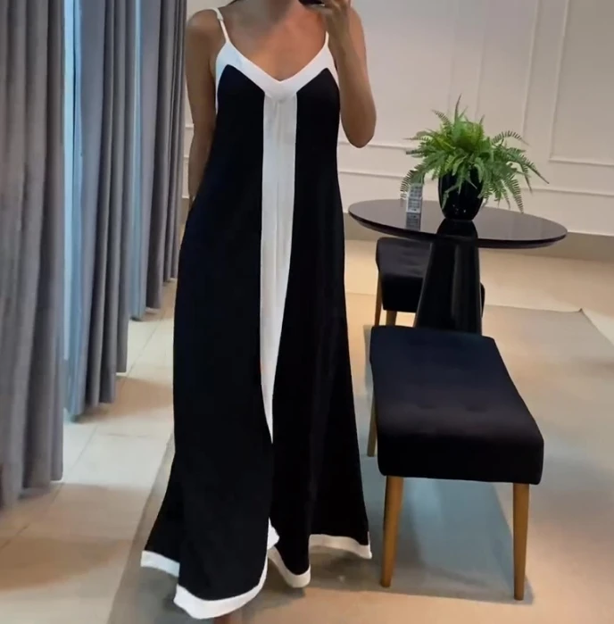 

2024 Summer Fashion Contrast V-neck Long Strap Loose Slimming Dress for Women