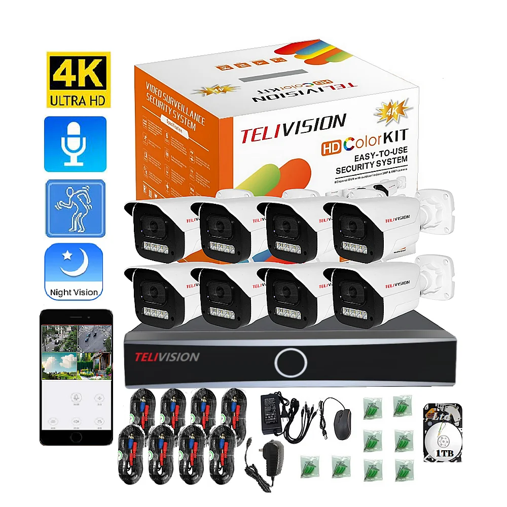 New 8 CCTV Kit Wired Full Color Audio 4k Phone Remote Control 1TB Digital Video Recorder Kit Smart Home Security Camera System