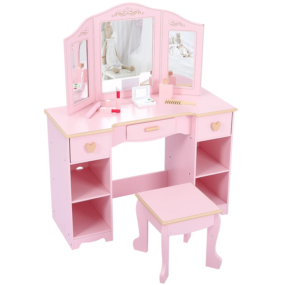 Girls' Vanity Table and Chair Set, Kids Makeup Dressing Table with Wood Makeup Playset Toy, Kids Vanity Set with Mirror& Drawer