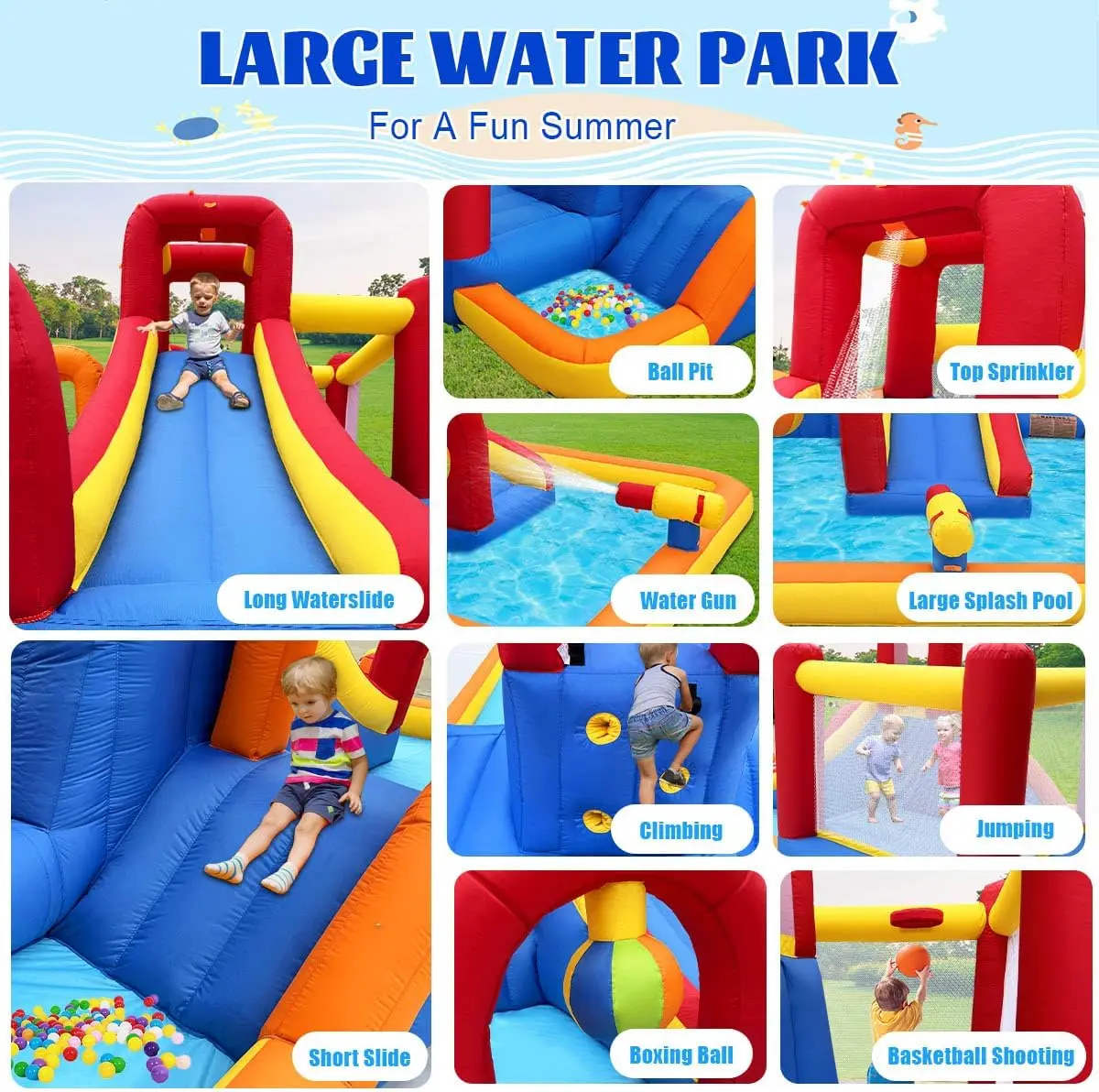 10-in-1 Inflatable Water Park Bounce House with Splash Pool, 2 Slides, Ball Pit, Water Cannon & Climbing Wall - Blow Up Water Slide for Kids Outdoor Backyard