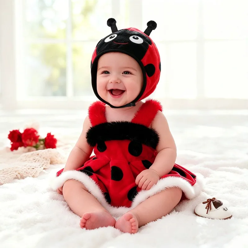 Newborn Infant Baby Girls Ladybug Costume Romper Red Polka Dot Bodysuit Faux Fur Trim Dress Hat Antenna Set 0 24M
