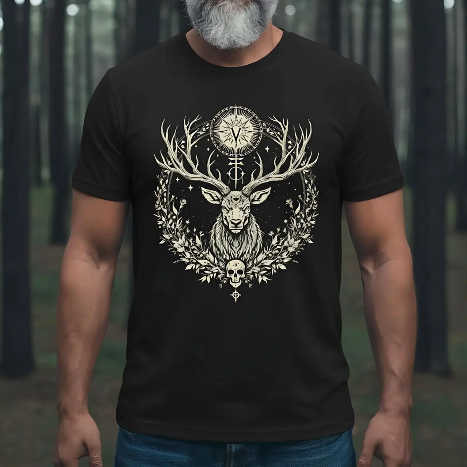 Norse Stag Spirit T Shirt Viking Forest Symbol Nordic Mythology Pagan Nature for Men and Women vintage Washed Comfortable