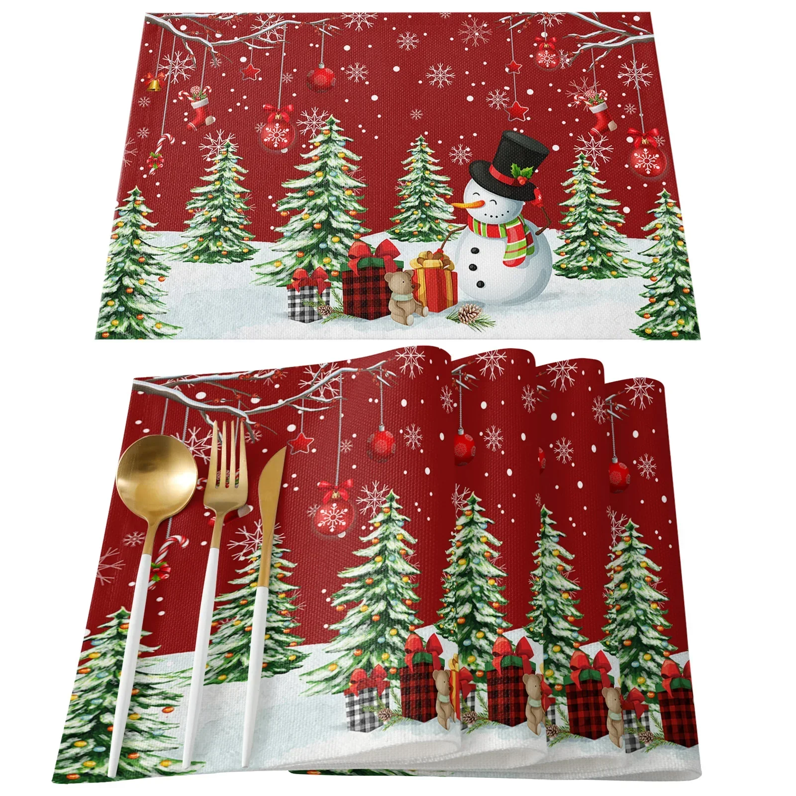 Christmas Placemats 12×18 Inches Christmas Tree Snowman Holiday Indoor Kitchen Dining Table Place Mats for Home Party Decoration