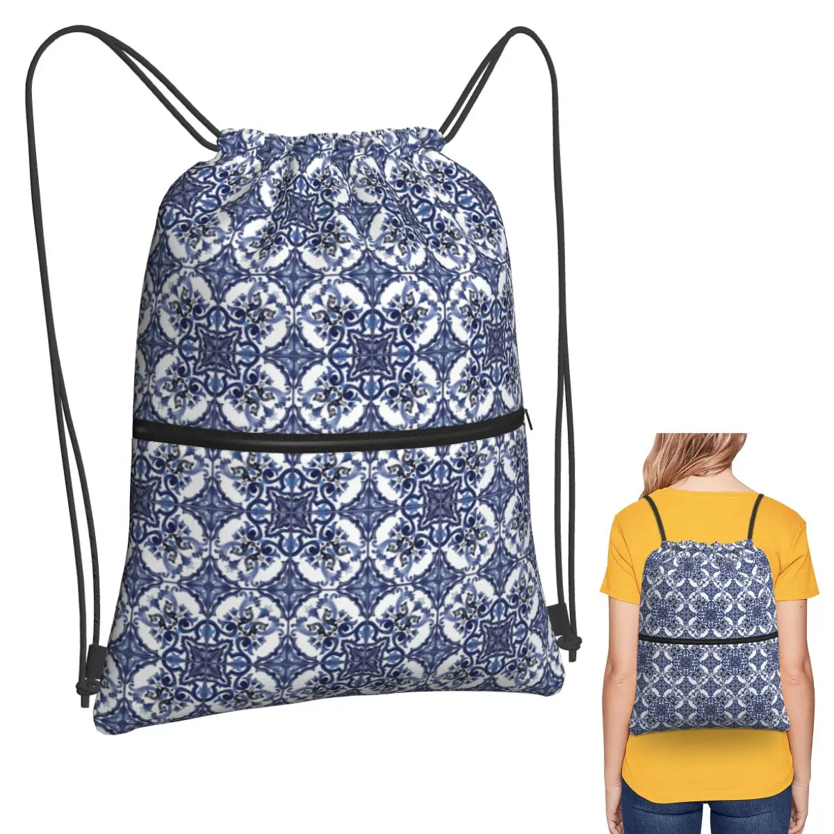 حقائب ظهر من بلاط صقلية على شكل زهور البحر الأبيض المتوسط مزخرفة باللون الأزرق، حقيبة أحذية برباط، حقائب كتب للطلاب والرجل والمرأة