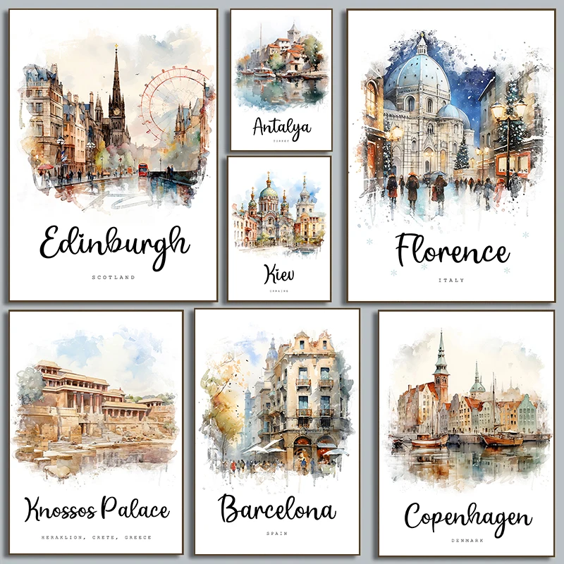 الألوان المائية الأوروبية الساحلية المشهد السفر مدينة أثينا Türkiye اليونان البرتغال المشارك حائط لوح رسم صور ديكور المنزل #1
