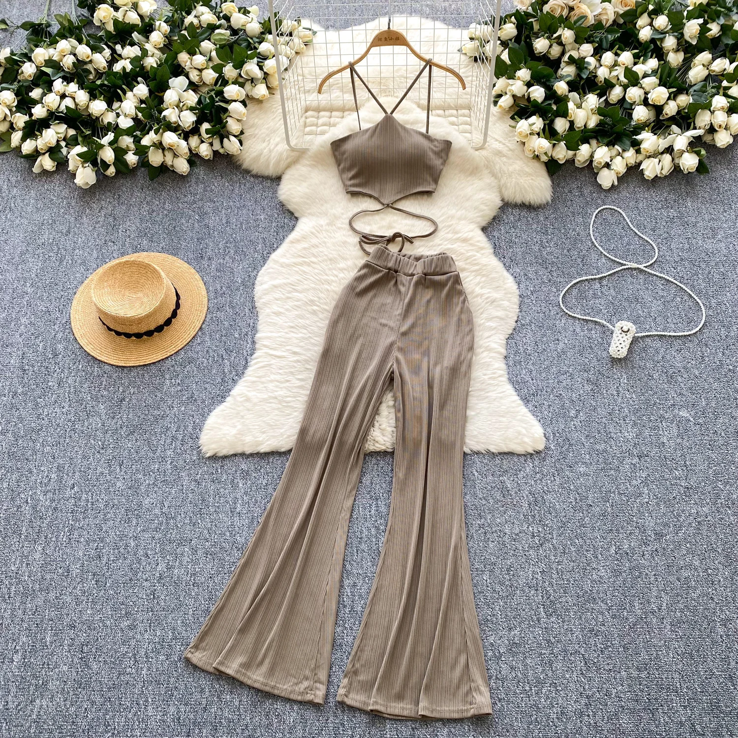 Vrouwelijke trendy zomertopbroek set 2-luxe design pak trekkoord camis tanks flare broek hotsweet sexi nachtclub streetwear