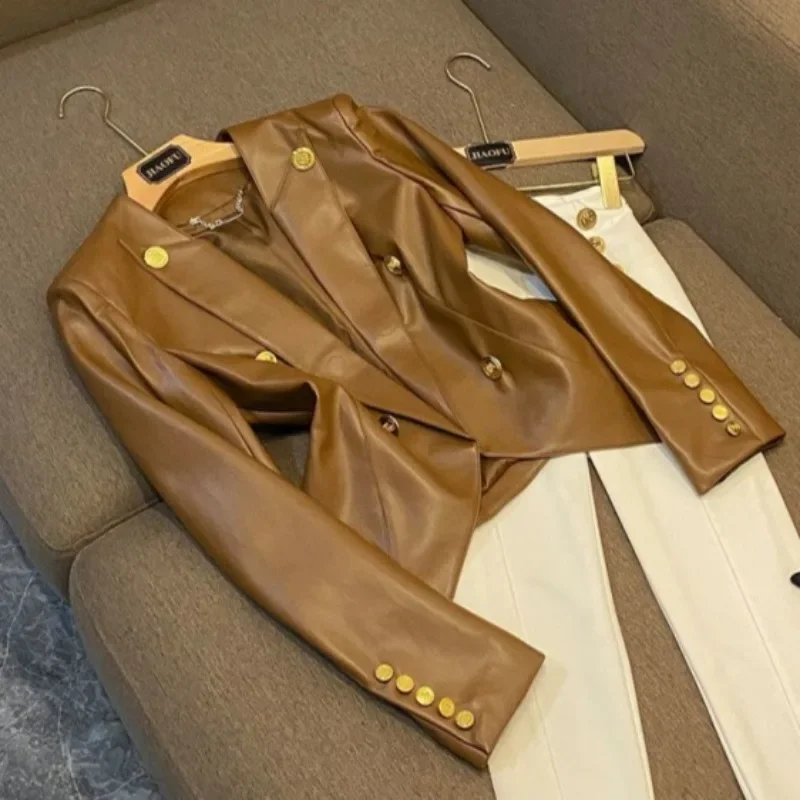 

Новая модная приталенная куртка из искусственной кожи без очистки, женская одежда с лацканами, деловой черный металлический двубортный костюм, пиджак, женское пальто