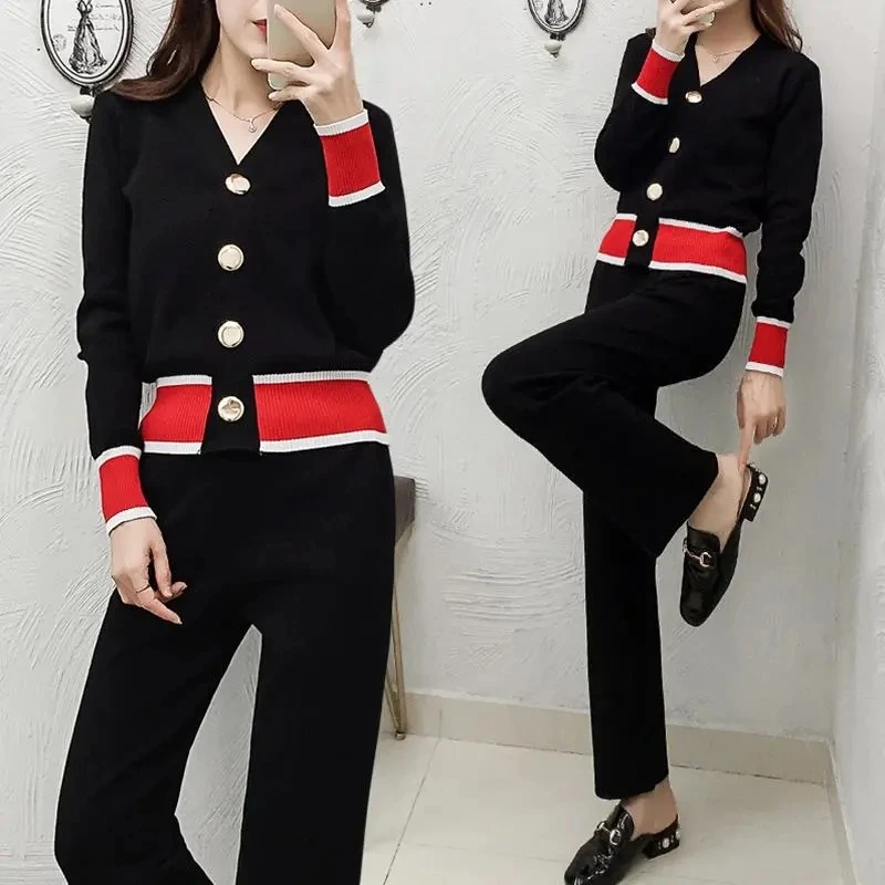 Slim Causal Pants Knitted 2 Piece Set Spring V-neck Long Sleeve Cardigan Outfits Korean Fashion Wide Leg Women Calcas Ensembles